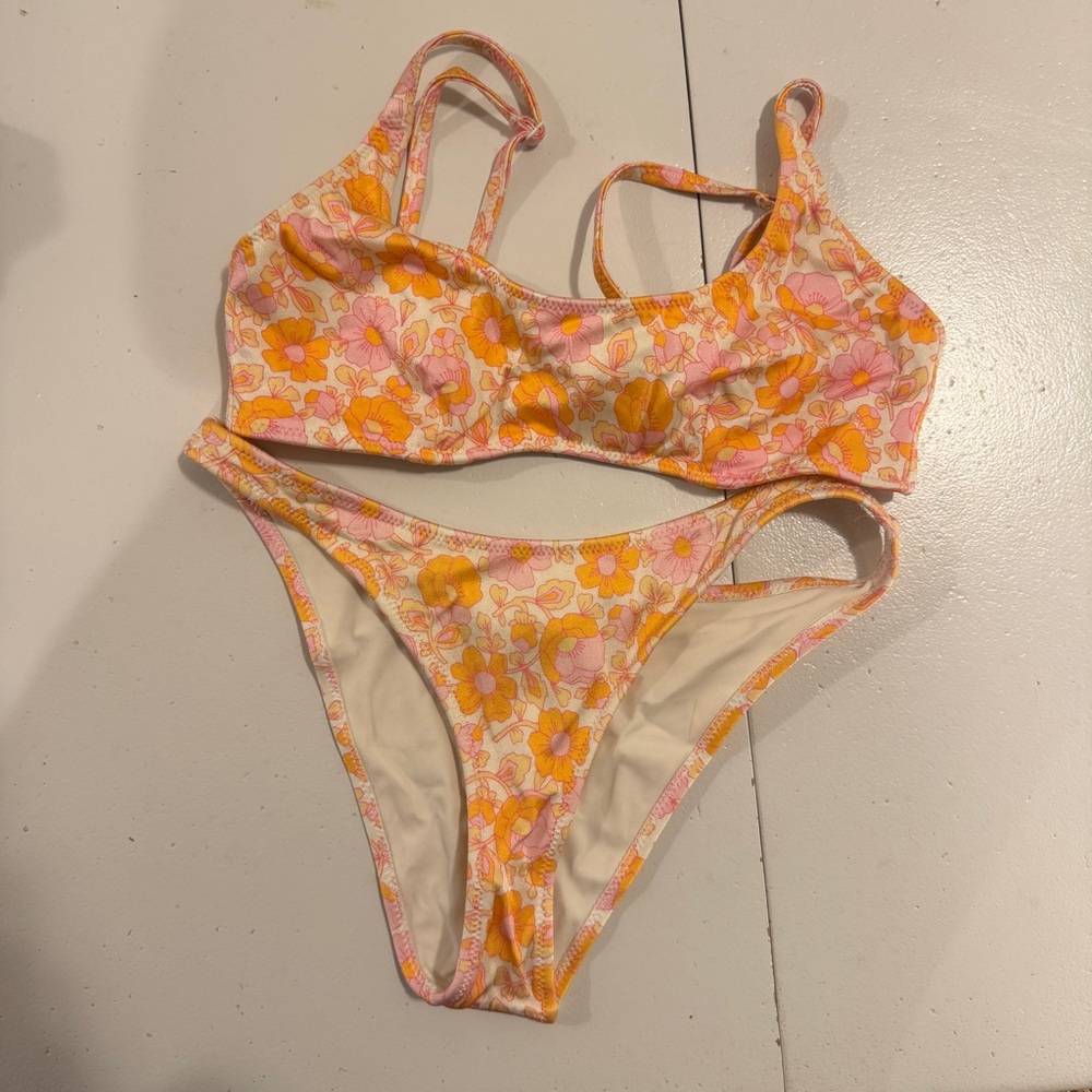 TRIANGL Neon Pop orange and pink floral scoop top bikini set size small